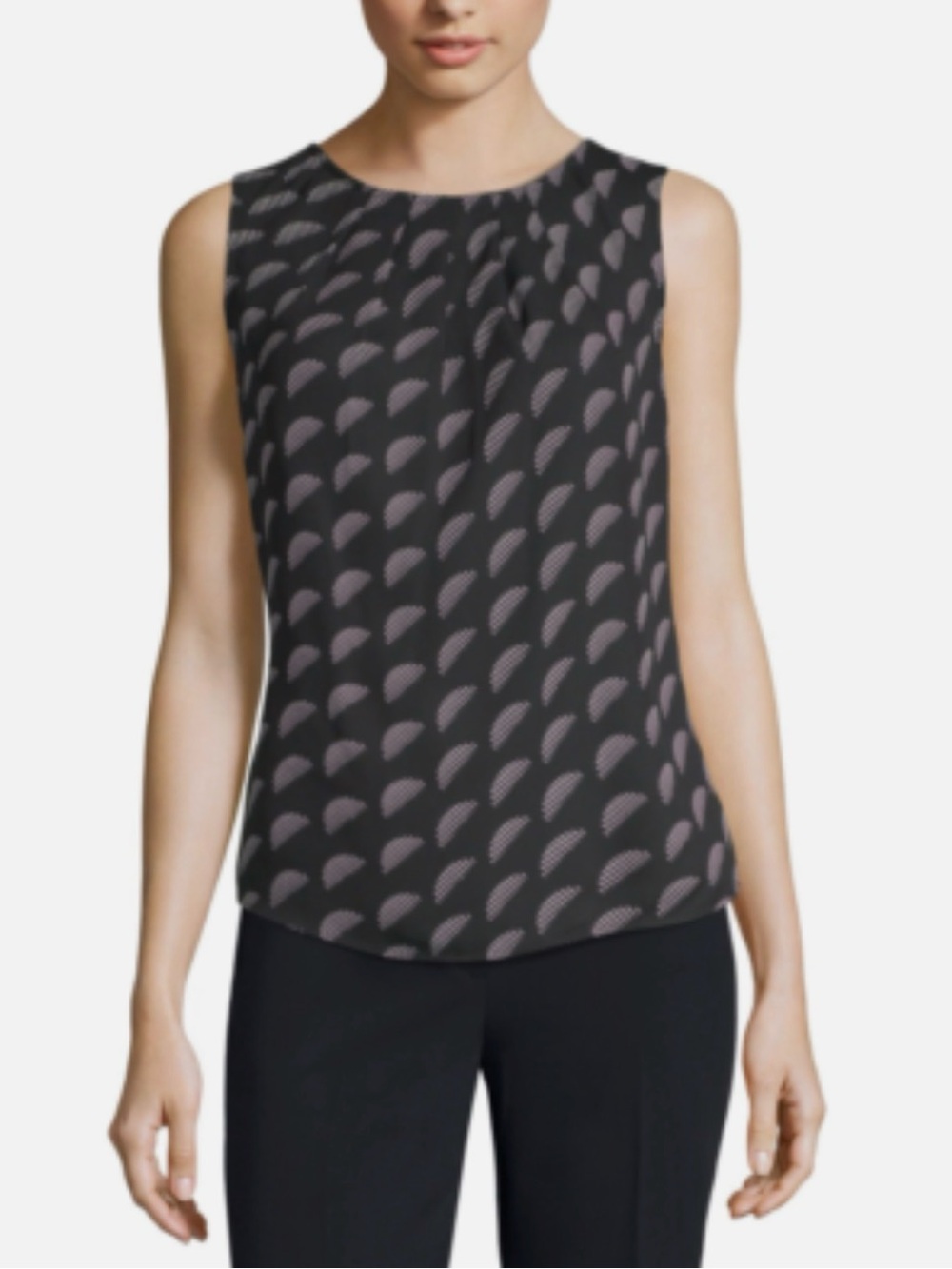 Worthington Black Printed Sleeveless Shell with Gray Fan Motif